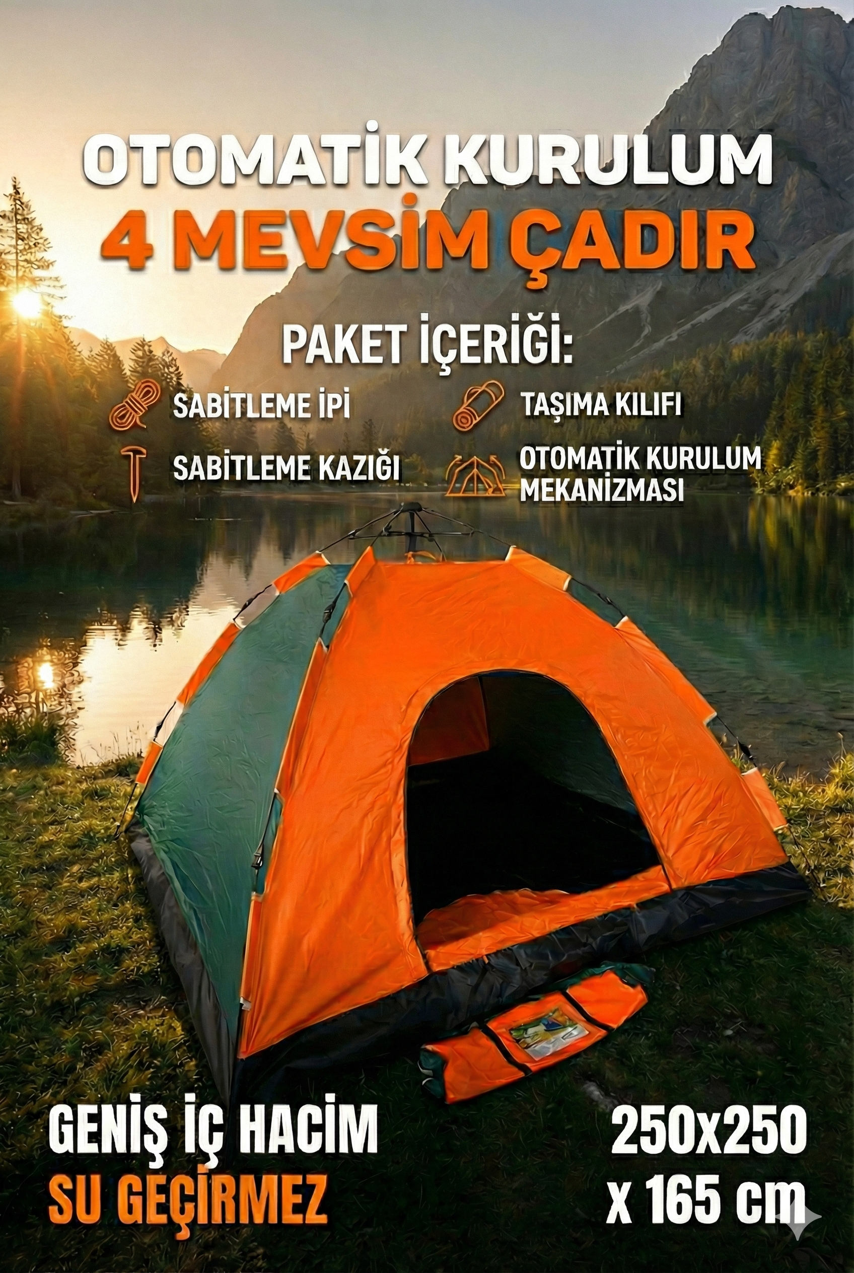 Otomatik Kurulumlu Kamp Çadırı 8 Kişilik (250x250x165) cm